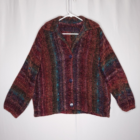 Vintage Woven Jacket Large Women Chunky Chenille Knit Button Pocket Vneck